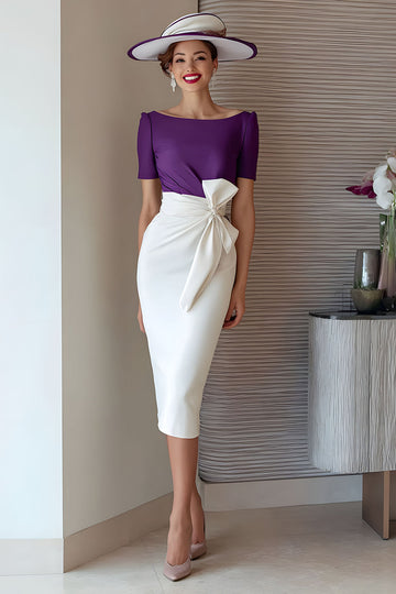 Crayon raisin mousseline de soie col bateau Midi mère de la mariée robe avec noeud